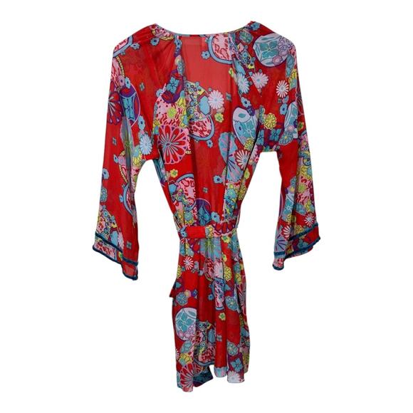 Josie Natori Nightgown Chemise Robe Two Piece Set Small Red Asian Floral Velvet - Picture 2 of 8